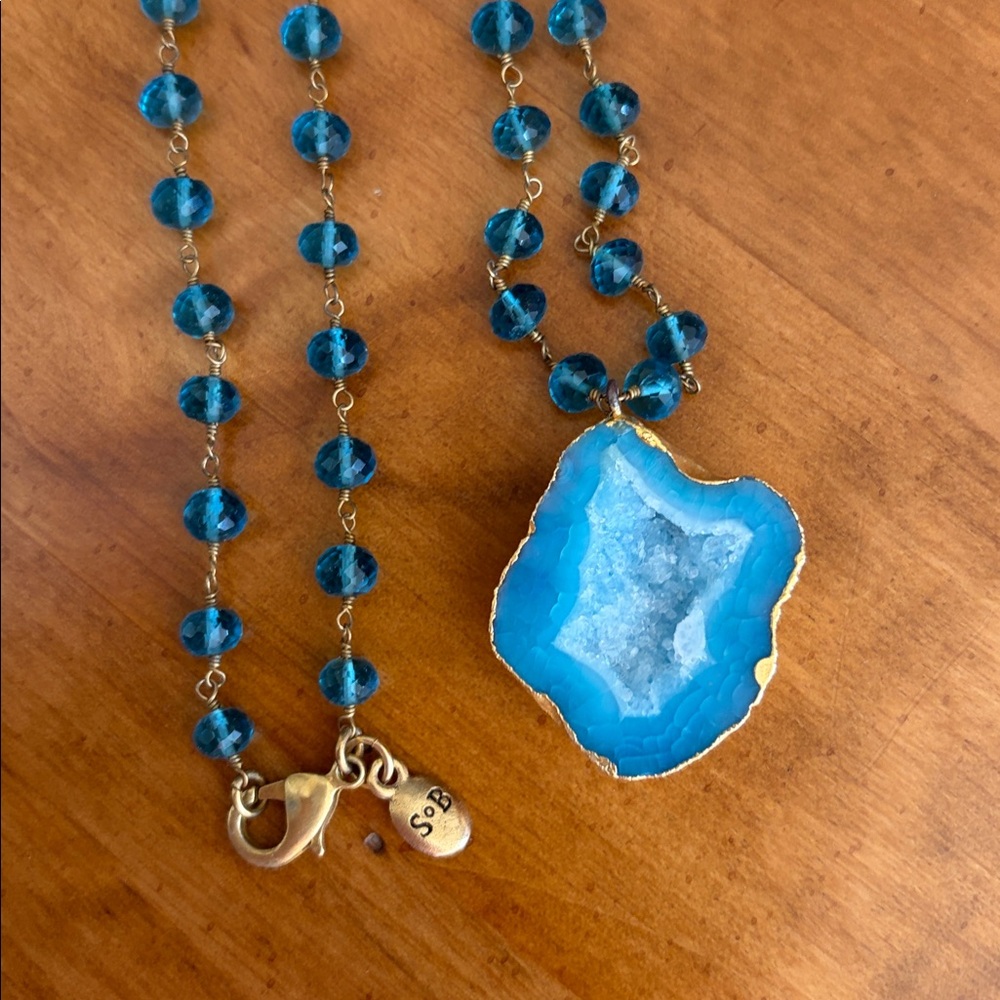 Blue Agate Pendant Necklace With Teal Beads and Gold Chain Accent